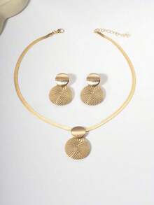 3pcs Elegant Necklace + Earrings Jewelry Set For Women, Fashionable Golden Flat Snake Chain, Geometric Spiral & Round Pendant Design, Choker Necklace For Daily, Holiday, All Seasons, High-End Gift Accessories - Gold - View 3