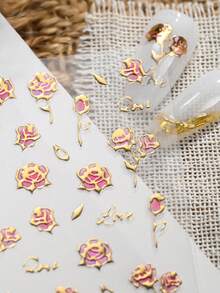 3pcs/Set Pink Sakura & Rose Nail Stickers, 5D Embossed Stamping Gold Romantic Floral Leaves Nail Decals, Self-Adhesive Nail Decorations For Women & Girls Spring Manicure - Multicolor - View 10