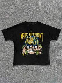 Tween Boy Cotten Clothes,Y2K-Inspired Letter Print T-Shirt - Casual Crew Neck, Short Sleeve, Machine Washable - Perfect For Spring/Summer/Fall,Fashion, Streetwear, Unisex, Men, Women - 黑色 - 查看 2