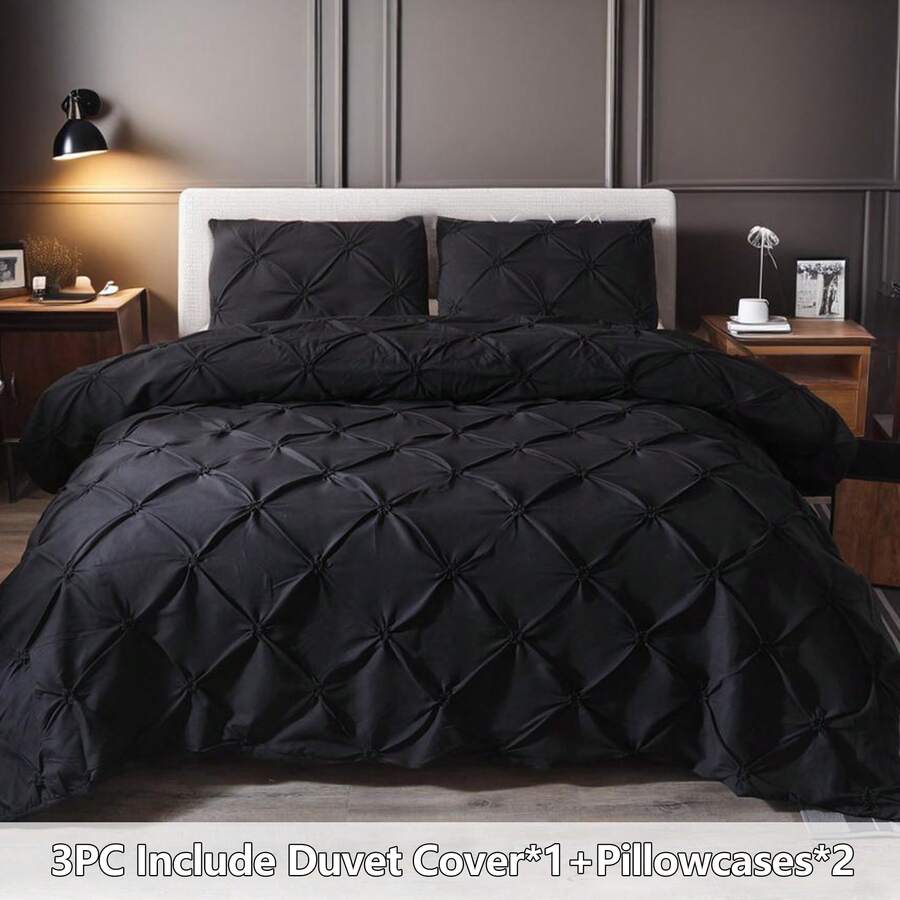 3 PCS Soft Luxury Black Pinch Pleat Quilt Duvet Cover Set Bedding For Bedroom With 2 Pillowcases Queen King Size Quilt Cover Set Zipper Closure,Summer & Festival Gift Quilt Doona Duvet Cover For Bedroom Decor,Easy To Clean, Machine Wash,Back To School Season - 黑色 - 查看 1