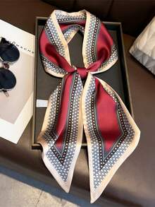 1pc Long Silk Scarf, Double-Sided Printed Silk-Feel Scarf, Suitable For Women In Spring, Summer And Autumn To Wear Around Neck, Pair With Shirts, Jeans, As Waist Belt, Hair Tie Or Headband - Burgundy - View 3