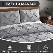 3 PCS Soft Grey Pinch Pleat Quilt Duvet Cover Set Luxury Bedding For Bedroom With 2 Pillowcases Queen King Size Quilt Cover Set Zipper Closure,Festival Gift Quilt Doona Duvet Cover For Bedroom Decor,Easy To Clean, Machine Wash,Back To School Season - 灰色 - 查看 4