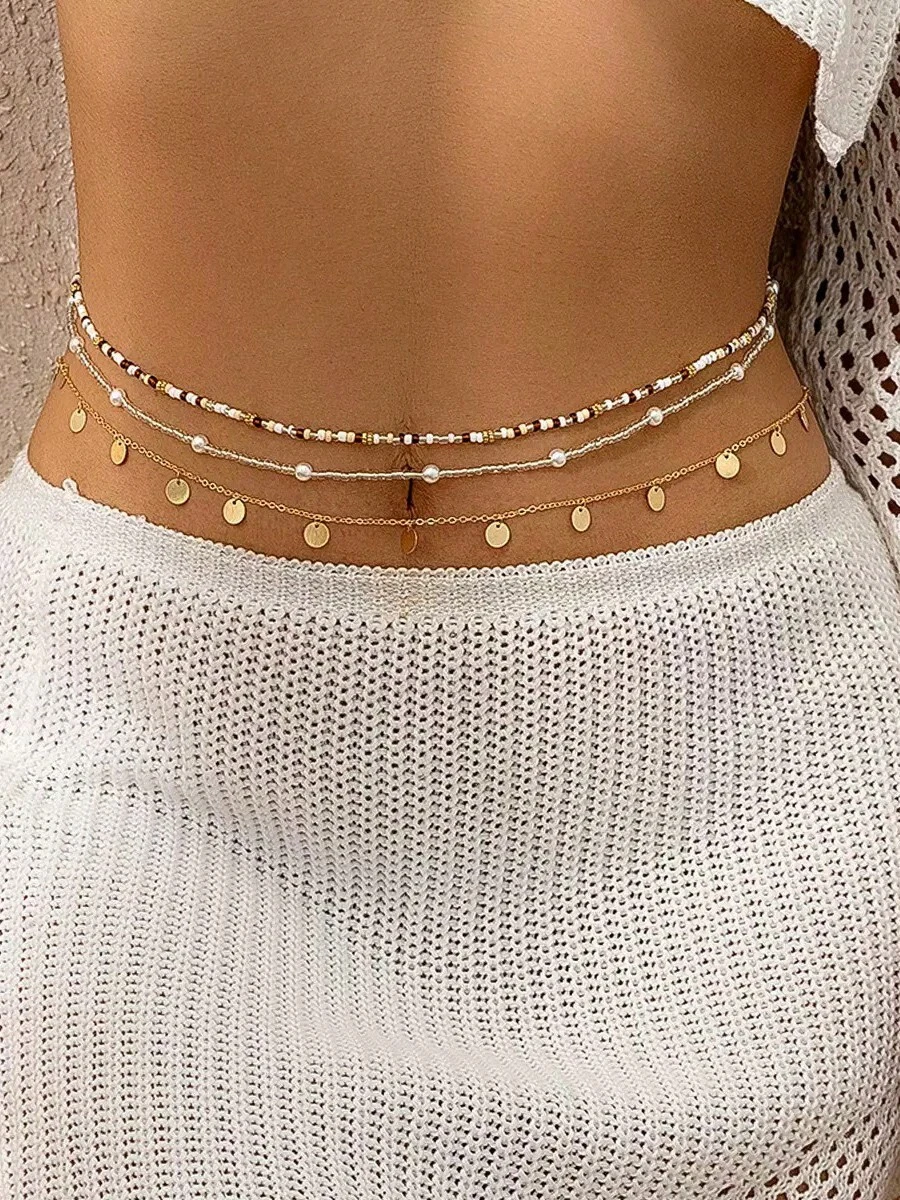 1pc Summer Vacation Style Beaded Multi-Layer Chain Waist Belt For Women, Unique Design Delicate Body Chain Accessory, Suitable For Engagement, Wedding, Party, Festival, Gift For Friends And Lovers - Gold - View 1