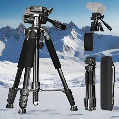 Chân máy ảnh chuyên nghiệp cao 60 inch, chịu lực tốt, kèm giá đỡ điện thoại, thích hợp cho quay video, chụp ảnh, vlog và phát trực tiếp. Chân đế hợp kim sắt-nhôm chắc chắn, tương thích với máy ảnh DSLR, điện thoại thông minh và camera hành trình.