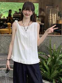 Áo tank top không tay dáng rộng, viền bèo nhún dành cho nữ, hàng mới về. - trắng - Xem 3