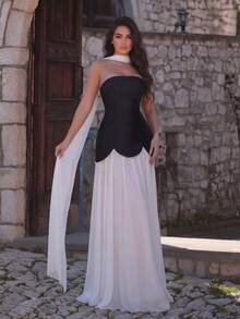 Faeriesty Elegant Strapless Evening Gown - Criss-Cross Back Straps, Flowing Drape - Perfect For Red Carpet Events, Weddings, Galas, And Social Gatherings - Black and White - View 7