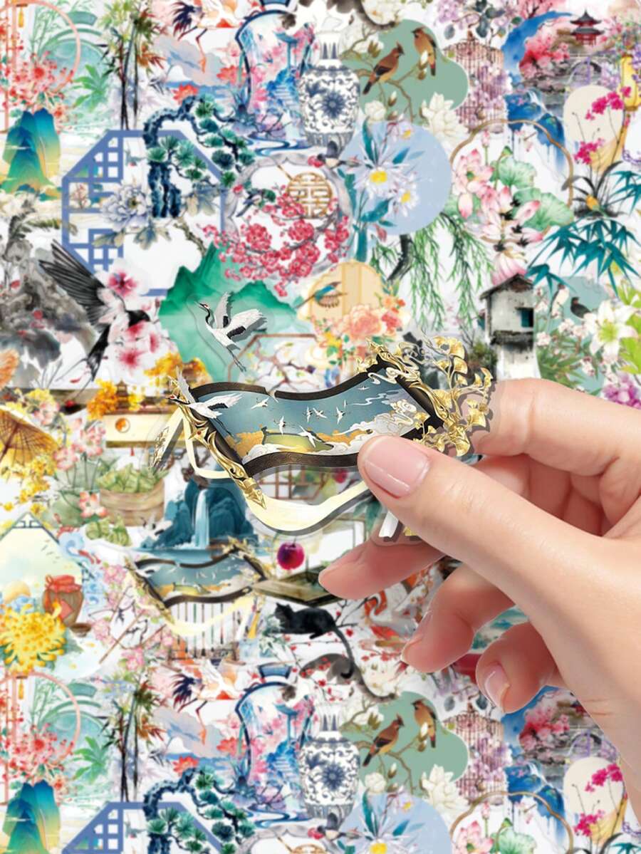 50片透明PET复古中式建筑创意装饰墙贴,DIY笔记本/收纳盒 - 彩色 - 查看 1
