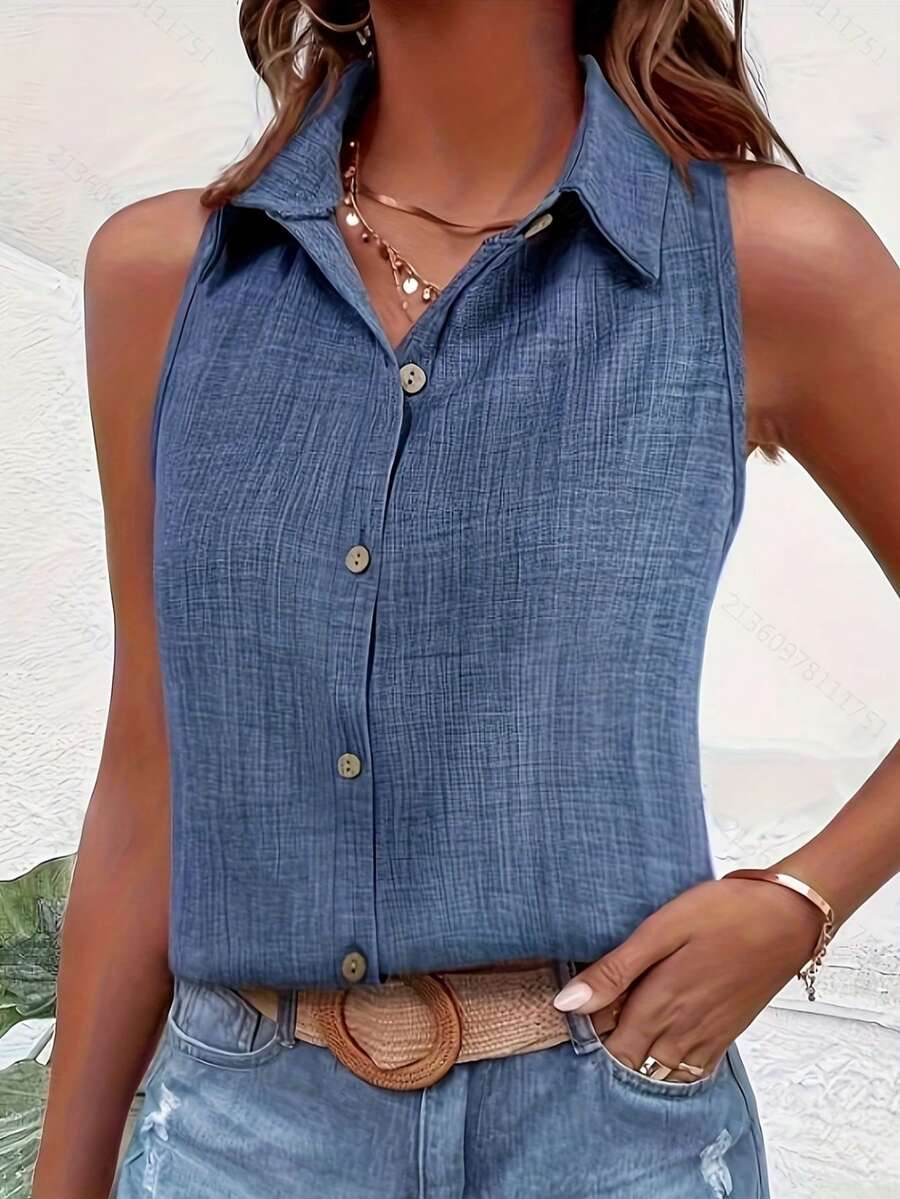 Áo vest trơn màu cài cúc phía trước, áo tank top không tay cổ bẻ kiểu dáng thường ngày mùa hè - Màu xanh lam - Xem 1