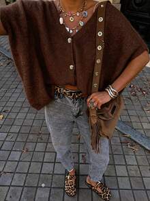 FOR BEAUTY Summer Y2K Women's Brown V-Neck Button Short Sleeve Knit Cardigan, Loose Fit, Casual Fashion Dropped Shoulder Design, Beach Vacation Date Top - Dark Coffee - View 4