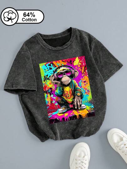 Women's Casual Everyday, Hip-Hop Style Anthropomorphic Gorilla Pattern Print, Vintage Snowwashed Plus Size Short-Sleeve T-Shirt, Suitable For Outdoor Wear, Women's Tops, Summer Clothing, Pattern Print
