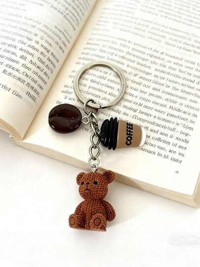 1pc Y2K Resin Coffee Teddy Bear Keychain Pendant, Cute Coffee Bean Charm With Metal Ring, Suitable Accessory For Backpacks And Bags, Ideal For Teens And Girls Kawaii Vacation Essentials Bag Accessories