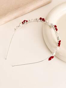1pc Red Rose Headband With Faux Pearl Flower, Retro Delicate Hair Hoop Hair Band - Silver - View 3