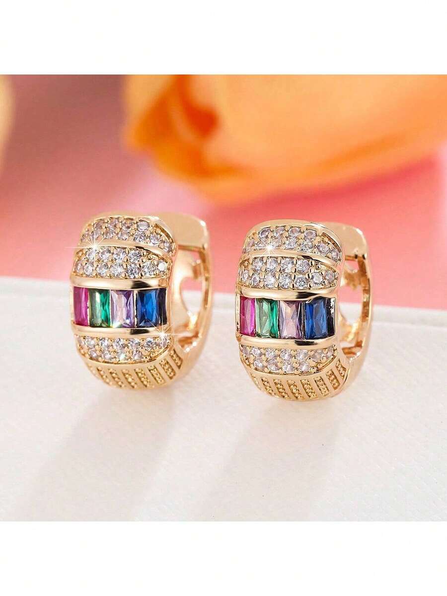 1 Pair Fashionable Round Earrings For Women, Inlaid With Shiny Colorful Zirconia Stones, Suitable For Weddings And Parties - Hoop Earrings - View 1