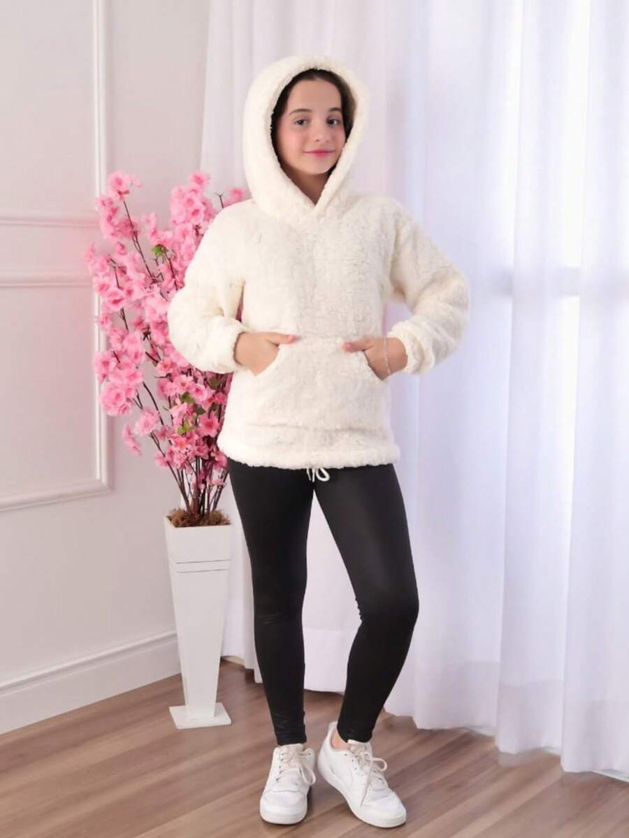 Blusa Infantil e Juvenil para Meninas e Adolescentes Teddy com Capuz Blusa Fechada Casaco Jaqueta Outono e Inverno (BINF506) - Off - Visão 1
