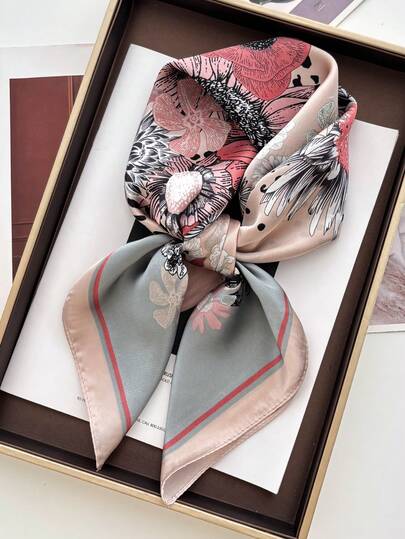 1pc Women's Elegant Retro Printed Lightweight Satin-Like Square Scarf, Bohemian Vintage Casual Scarf/Shawl/Headscarf, Thin & Comfortable For Spring/Summer Everyday Wear