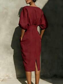 Elegant Casual Wine Red Round Neck Midi Dress, Side Pockets, Fitted Waist, Back Slit, Suitable For Party, Business Dinner, Wedding, Office And Daily Wear - Burgundy - View 2