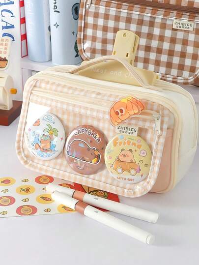 1pc Multifunctional INS Style Magnetic Corduroy Material Mocha Grid Pencil Bag, Pen Pouch, Built-In Mesh Pocket Large Capacity, 13-Layer Portable Storage Bag For Primary School Students And Children As A Gift