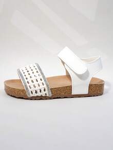 Girls' White Woven & Rhinestone Embellished Sandals, Open Toe Cork Footbed Summer Shoes For Kids - White - View 6