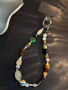 1pc Cute Jade & Crystal Pearl Phone Lanyard, Fashionable Summer Holiday Phone Charm, Bag Pendant, Key Chain For Women - Multicolor - View 2