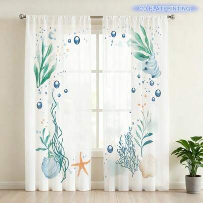 Bộ 2 rèm voan họa tiết đại dương vẽ màu nước với hình rong biển xanh, vỏ sò, sao biển và bong bóng xanh, thiết kế in phẳng 2D tạo nên không gian biển mộng mơ, phù hợp cho phòng khách, phòng ngủ và sân hiên.