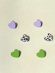 3 Pairs Teenage Girl Purple, Green, Leopard Print Ceramic Texture Romantic Heart Acrylic Earrings - Multicolor - View 4