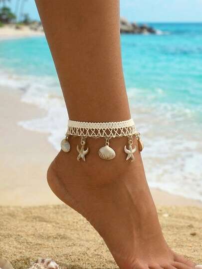 1 chiếc vòng chân ren móc trang trí hình vỏ sò và sao biển phong cách Boho dành cho nữ, phụ kiện trang sức mùa hè cho kỳ nghỉ biển.