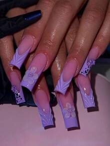 24pcs Purple French Manicure Nail Stickers, Rectangular, Nude Color, With 3D Floral And Wave Line Art Design, Leopard Print Decor, Minimalist Style, Smooth Surface, Full Coverage Fake Nails, Suitable For Women And Girls Daily Wear - Multicolor - View 7