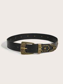 Dernière ceinture pour femmes, mat noir, boucle sculptée, rivets en forme d'étoile à cinq branches, rivets à pois, style western, compétition de cow-boy, punk du millénaire moto vintage, solide décoration de taille - Noir - Voir 2