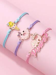 Juego de 3 piezas Pulseras trenzadas de cuerda de cera colorida de aleación de zinc con estampado de helado, pastel y letras para uso diario para niñas - Multicolor - Ver 5