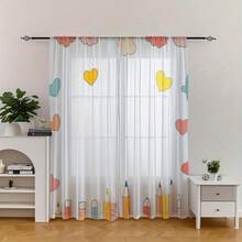 2 Stück Vorhänge im Schulanfangs-Thema, Muster mit bunten Herzen, Wolken und Bleistift-Mustern, 2D-Flachdruck, halbtransparent, voller kindlicher Ästhetik, geeignet für Arbeitszimmer, Wohnzimmer und Klassenzimmer. - Mehrfarbig - 2 Stück - Übersicht 2