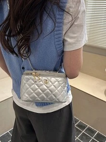 1pc New Minimalist Casual Versatile Embroidered Box Bag, Lunch Box Crossbody Bag, Popular Small Shoulder Bag For Holiday Season - Silver - View 8