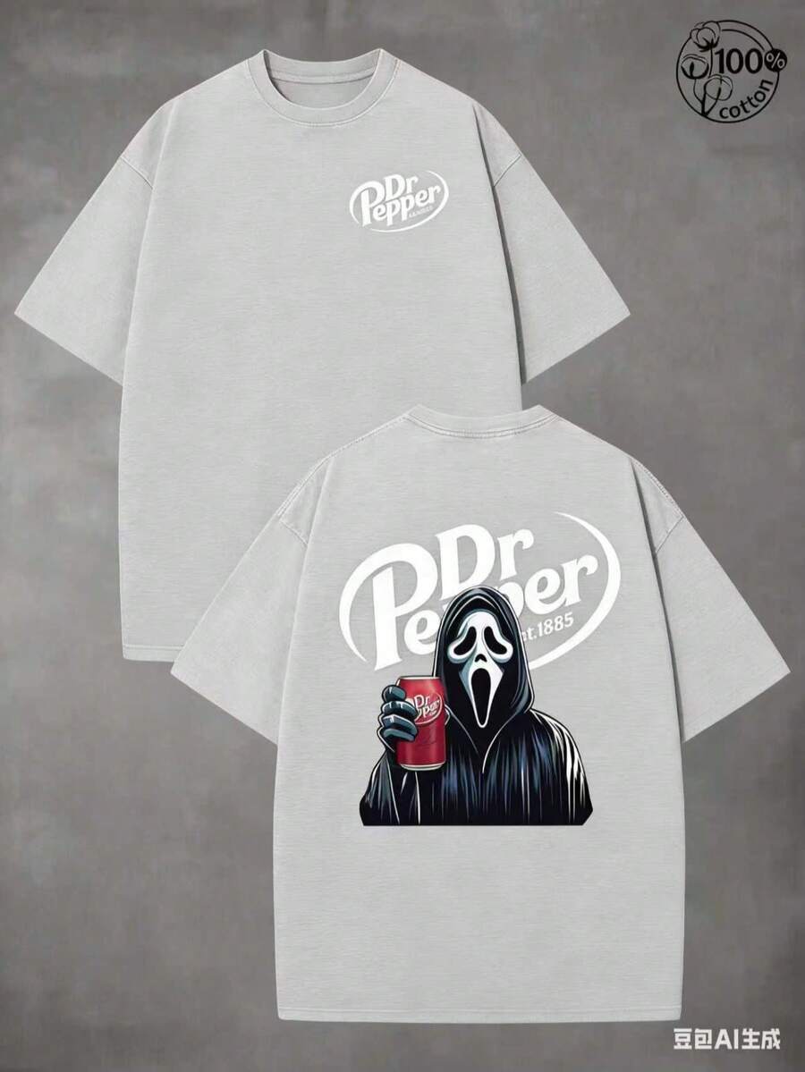 Break The SystemGhost Cute Halloween T-Shirt, Horror Ghost Face Pattern,  Men's And Women's T-Shirts, 230G Washed Cotton High Quality Cotton Double-Side Print T-Shirt, Suitable For Street Retro And Outdoor Sports And Leisure, Halloween Costumes, Holiday Parties, Perfect Gift.Round Neck Loose Fit T-Shirt - Xám 1 - Xem 1