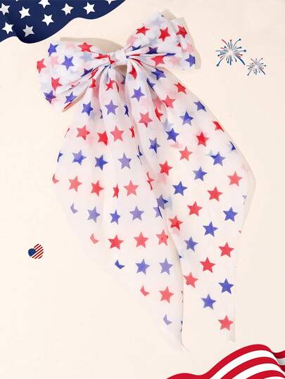 1个女士网纱独立日装饰发夹，适合红、白、蓝星条纹设计，耐用涤纶发夹，配有可调节天鹅绒蝴蝶结，是7月4日独立日庆祝活动的完美之选。