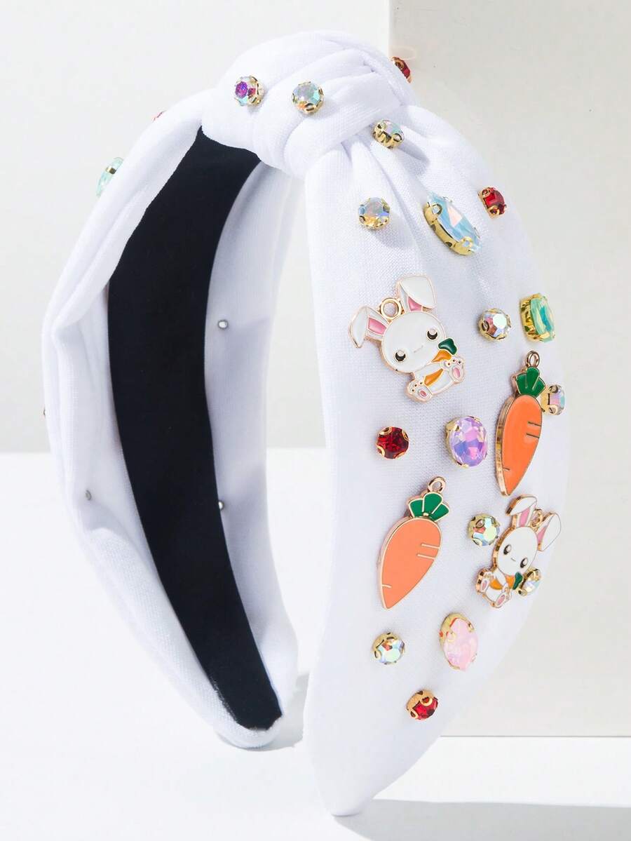 1pc Solid Color Fabric Easter Element Hair Hoop, Korean Style Minimalist Faux Pearl Rabbit Decor Accessory, Sweet & Cute Holiday Essential Hair Band, Versatile Easter Festival Matching Hair Accessory Hair Band,Summer,Travel - FG12-white Carrot Rabbit - View 1