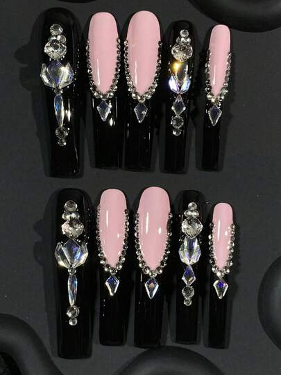 10pcs Black And Pink V Method Shining Diamond 1pc Nail File And 1pc Nail Glue 3D Hand Press Wear Nail Y2K Extra Long Nail Square Full Covered Fake Nail Piece Diy Nail Design Suitable For Women And Girls Holiday Parties And Everyday Wear Nail Art Press On Nails
