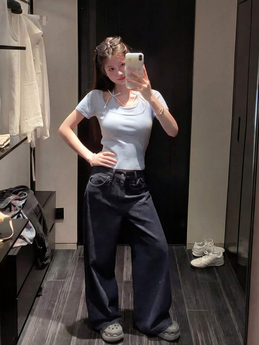 Sweet Girl Halter 2 In 1 T-Shirt, Petite Short Crop Top Slimming Sexy Chic College Style Sweet & Spicy Girl Leg Lengthening Top - Blue - View 1