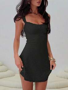 Elegant Fashion Ruffle Strap Bow Design Lace Patchwork Sleeveless Slim Fit Mini Dress Party - 黑色 - 查看 3