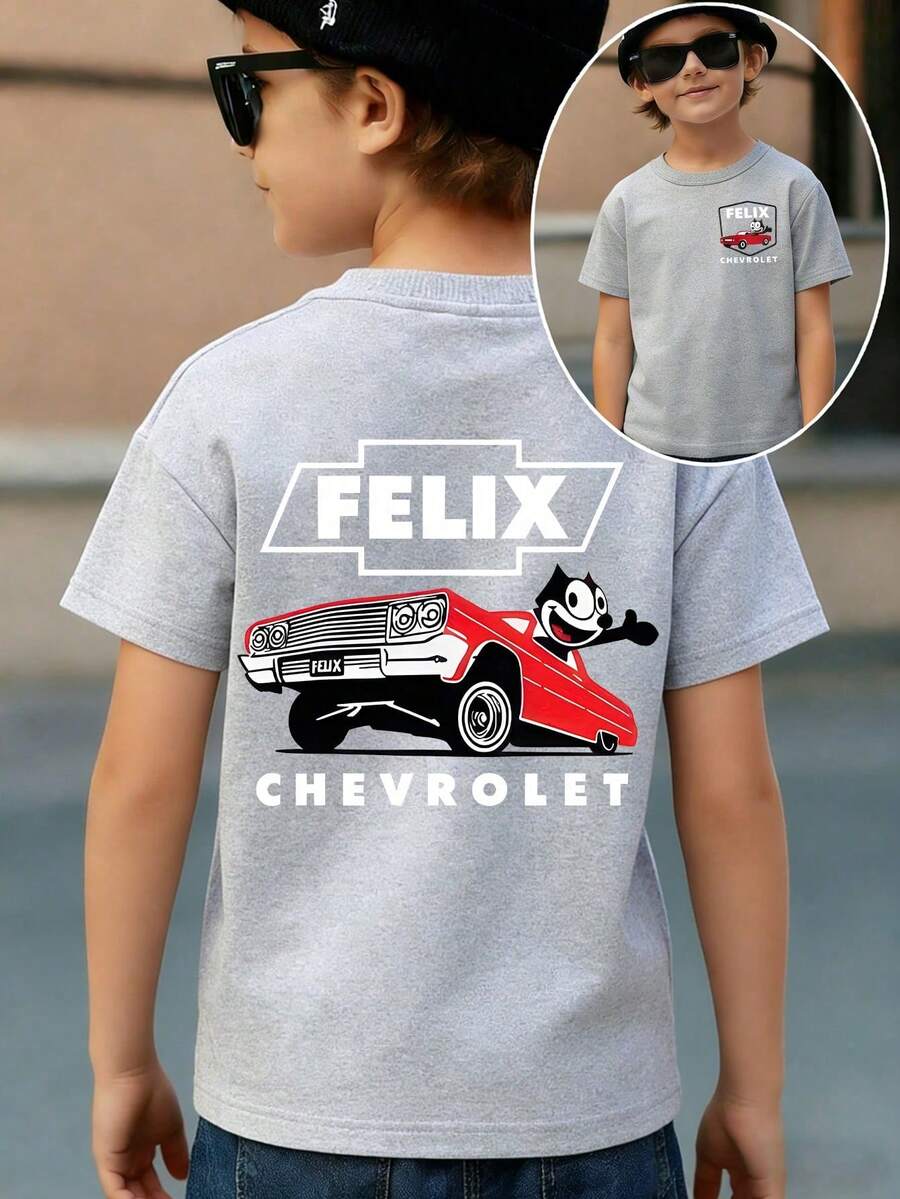 Short-Sleeved T-Shirts For Young Boys In The School Season, Short-Sleeved T-Shirts For Boys With  & Classic Chevrolet Car Graphic Patterns Printed On, T-Shirts For Leisure And Comfort With Round Neck, Breathable And Light, Suitable For Sports And Leisure Wear, Short-Sleeved T-Shirts For Spring And Summer, Suitable For Travel And Daily Wear, The Same For Boys And Girls. - Grey - View 1