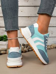 女士厚底休闲鞋，系带圆头软底轻便防滑徒步跑步厚底运动鞋 - 淺藍色 - 查看 6