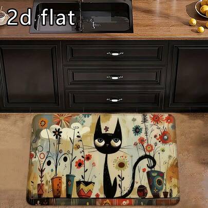 1pc/2pcs/3pcs Plush Sponge Bottom Kitchen Floor Mat, Cartoon Floral & Black Cat Print Carpet, Polyester Non-Slip Rug, Washable Indoor Outdoor Entrance Doormat, Quick Dry Kitchen Laundry Bathroom Foot Mat