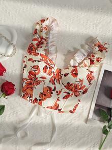 Orange Floral Print Ruffle Strap Corset Top - Orange - View 7