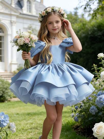 Elegant Blue Flower Girl Dress With Bow, Girls' Evening Gown, Princess Dress, Prom Dress, Wedding, Birthday Party, Easter
