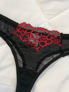 性感黑红撞色蕾丝内衣套装，薄纱网眼钢圈文胸和丁字裤两件套 - 黑色 - 查看 5