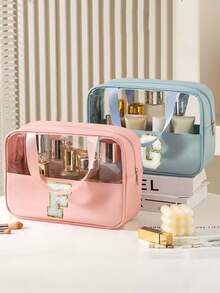 1个多功能PVC洗漱包，透明PVC化妆包，大容量化妆包，DIY字母设计化妆包，防水旅行收纳包，简约字母贴布旅行化妆包，适用于化妆品、香水，适合海滩、学校、浴室、节日、母亲节、圣诞节等场合，是送给妈妈、家人、朋友的绝佳礼物。化妆包、化妆品收纳包、化妆品收纳袋、化妆包、洗漱包、旅行洗漱包、度假必备品、女性旅行礼物 - 彩色 - 查看 4