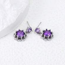 纯银防过敏女士耳环，镶嵌立方氧化锆，紫色花朵耳环，时尚精致耳环，生日礼物 - 紫色 - 查看 4
