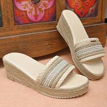 Women's Platform Slide Sandals, New Summer Fashion Thick Bottom Woven Linen Beaded One-Strap Beach Holiday Slippers - Beige - View 15