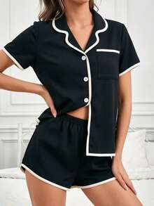 2pcs Women Short Sleeve Button Collar Top And Shorts Pajama Set, Comfortable Casual Loose Solid Color Basic Homewear, Suitable For Home And Outdoor Wear, Spring/Summer - Black - View 3