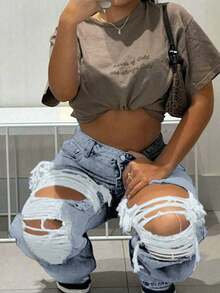 Quần jeans nữ dáng ngắn, thanh lịch, phong cách đường phố, sang trọng, năng động, trẻ trung, gợi cảm, rách rưới, kiểu retro, ống thẳng, dáng rộng, đã giặt, dành cho người nhỏ nhắn, mùa xuân. - Màu xanh chiên nhạt - Xem 5