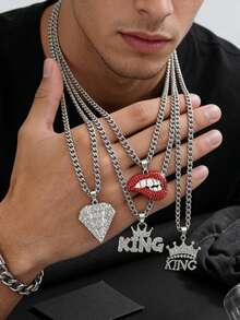 1件时尚欧美个性嘻哈朋克风性感嘴唇字母多形状吊坠项链，适合男士日常街头穿搭、派对、夜店装扮 - 銀色 - 查看 1