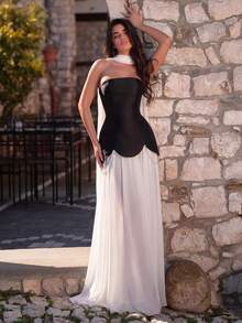 Faeriesty Elegant Strapless Evening Gown - Criss-Cross Back Straps, Flowing Drape - Perfect For Red Carpet Events, Weddings, Galas, And Social Gatherings - Black and White - View 6